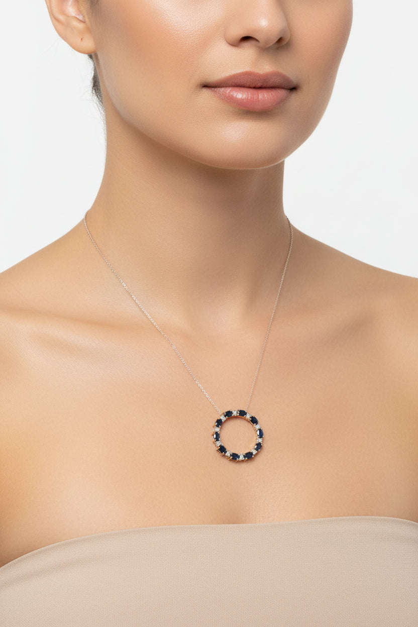 Vintage 14K Yellow Gold Natural Sapphire and Diamond Circle Necklace