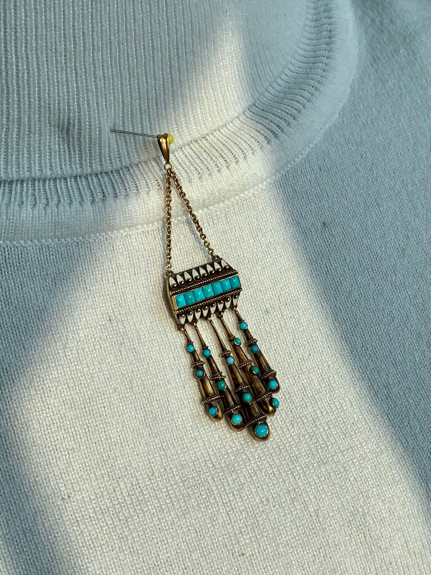c1870 Victorian 14K Yellow Gold Turquoise and White Enamel Dangle Pendant