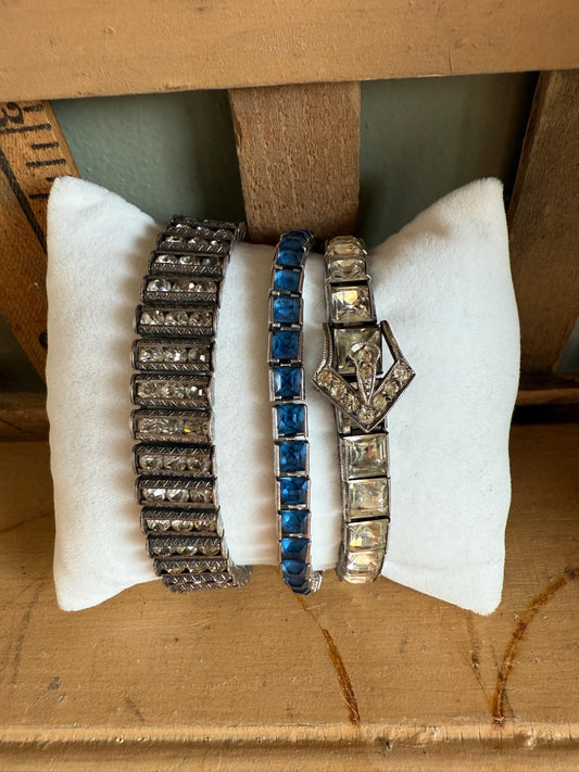C1930-1940 Art Deco Sterling Silver Crystal / Rhinestone Link Bracelets Pick One or All