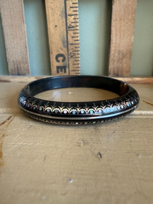 Antique Victorian Silver and Mother of Pearl Pique Inlay Bracelet