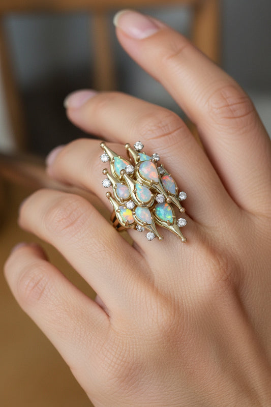 A Fine 1960's Jack Gutschneider 14K Opal and Diamond Cocktail Ring