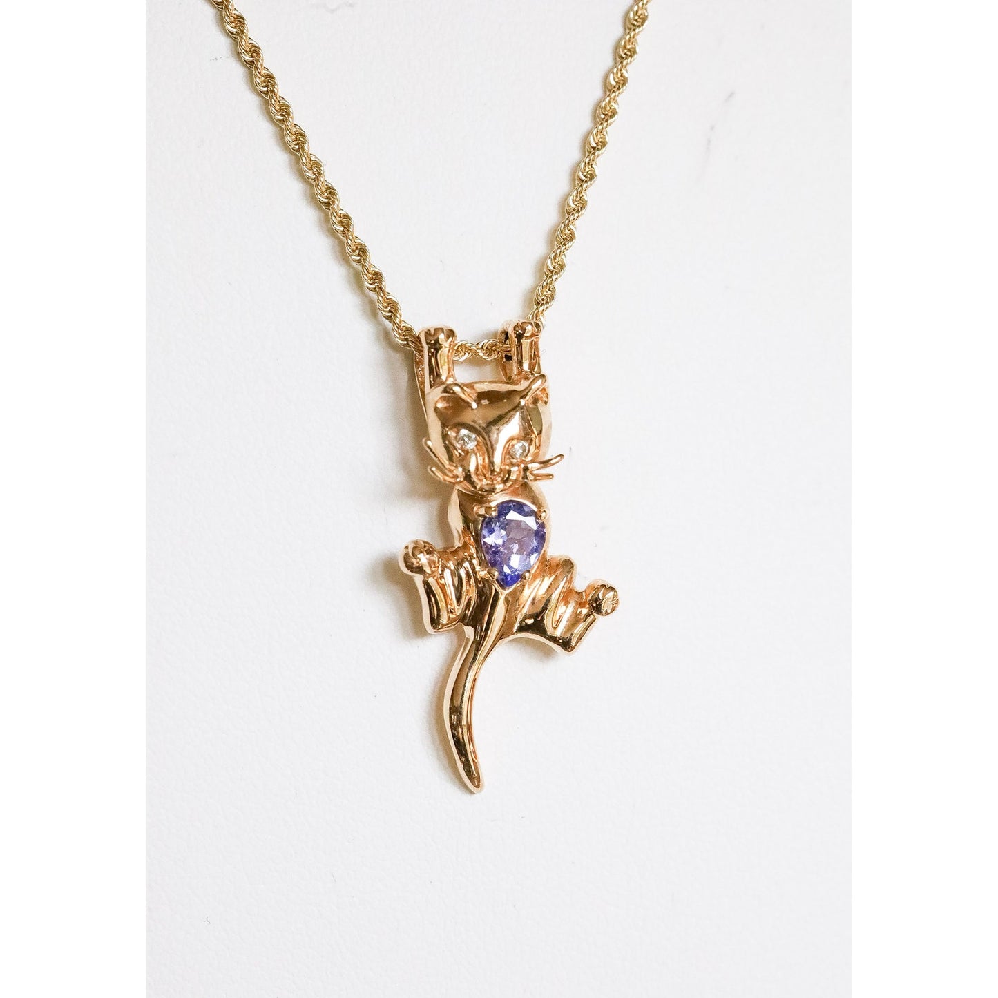 Vintage 14k Yellow Gold Hanging Cat Pendant with Tanzanite and Diamonds