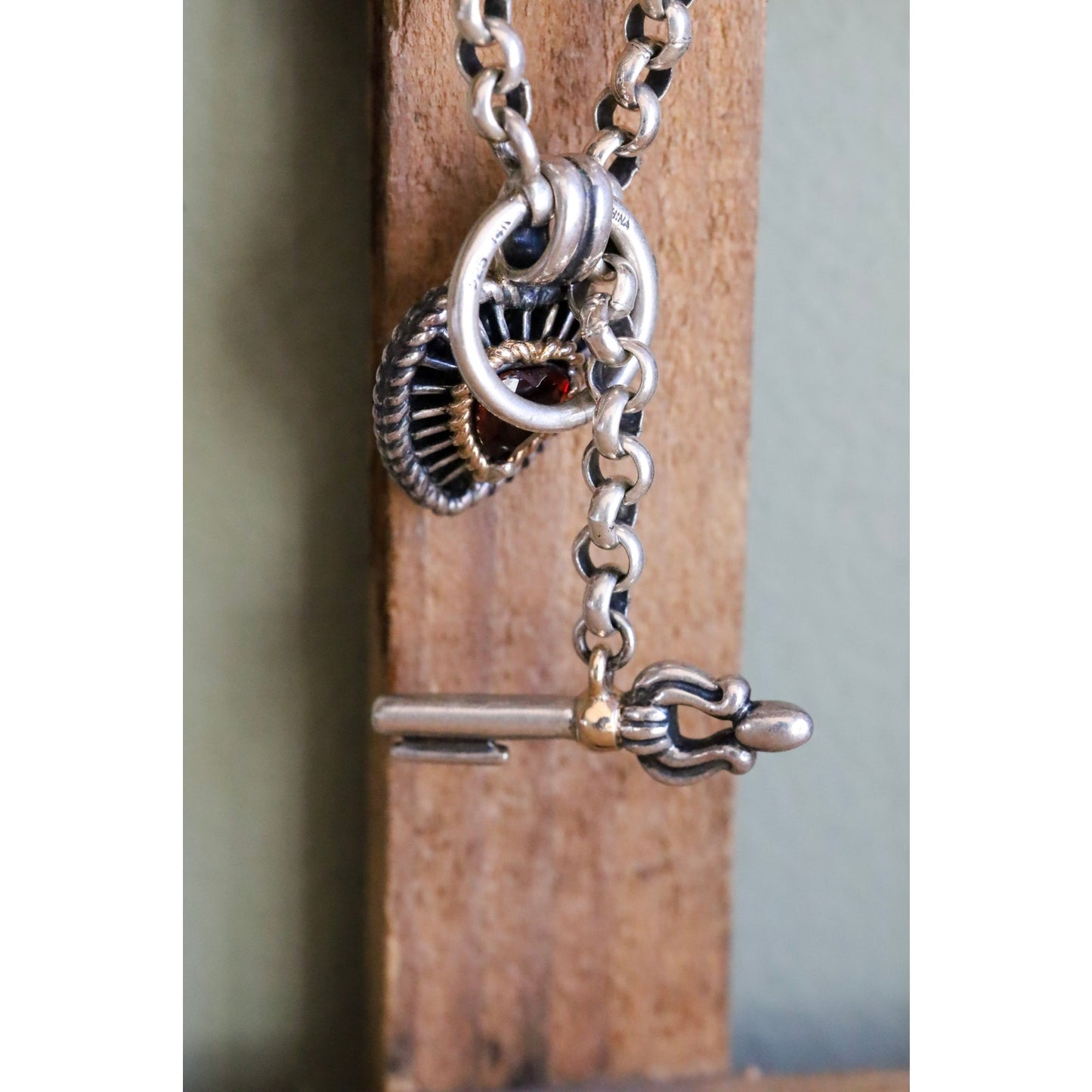 Vintage Ross Simons Sterling Silver and 14K Garnet Set Heart Charm Bracelets with Arrow Clasp