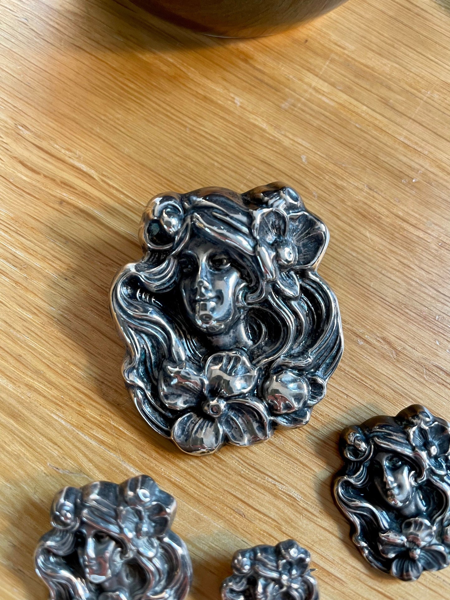 Art Nouveau Sterling Silver Five Piece Brooch Set Lady with Poppies