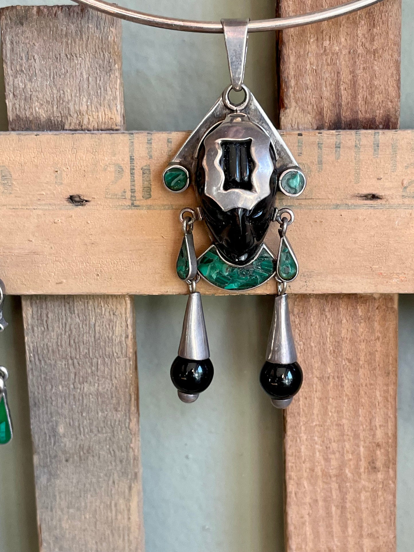 Matching Mexican Mask Sterling Silver Necklace and Earrings Onyx Malachite