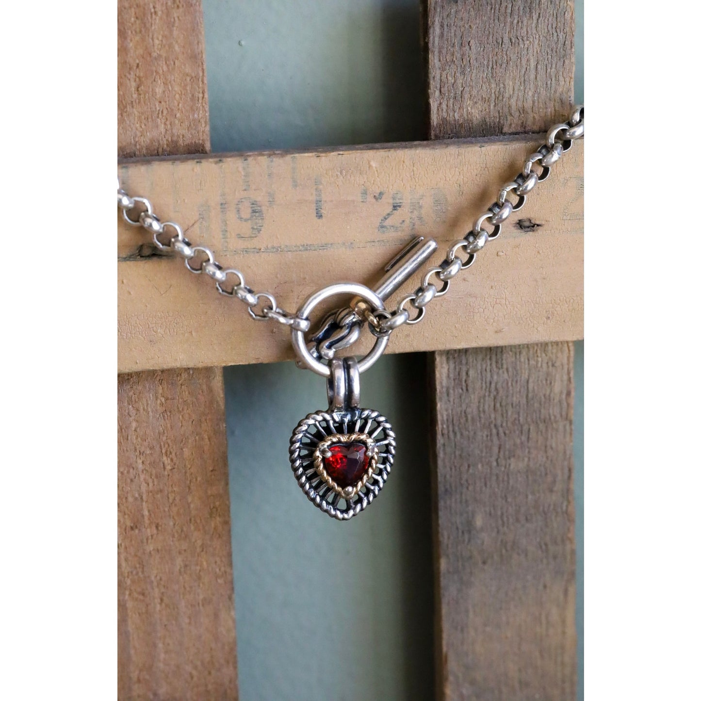 Vintage Ross Simons Sterling Silver and 14K Garnet Set Heart Charm Bracelets with Arrow Clasp