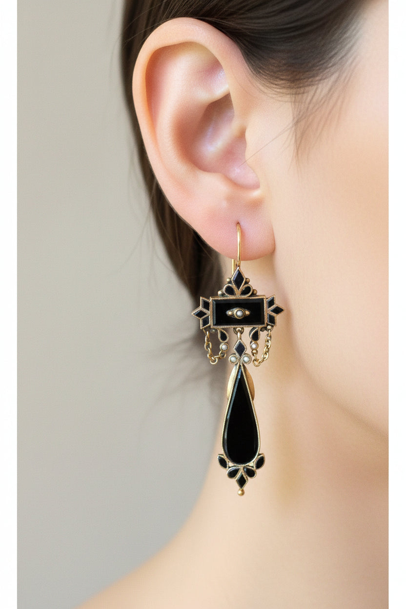 Antique Victorian 14K Gold Black Onyx & Seed Pearl Dangle Earrings