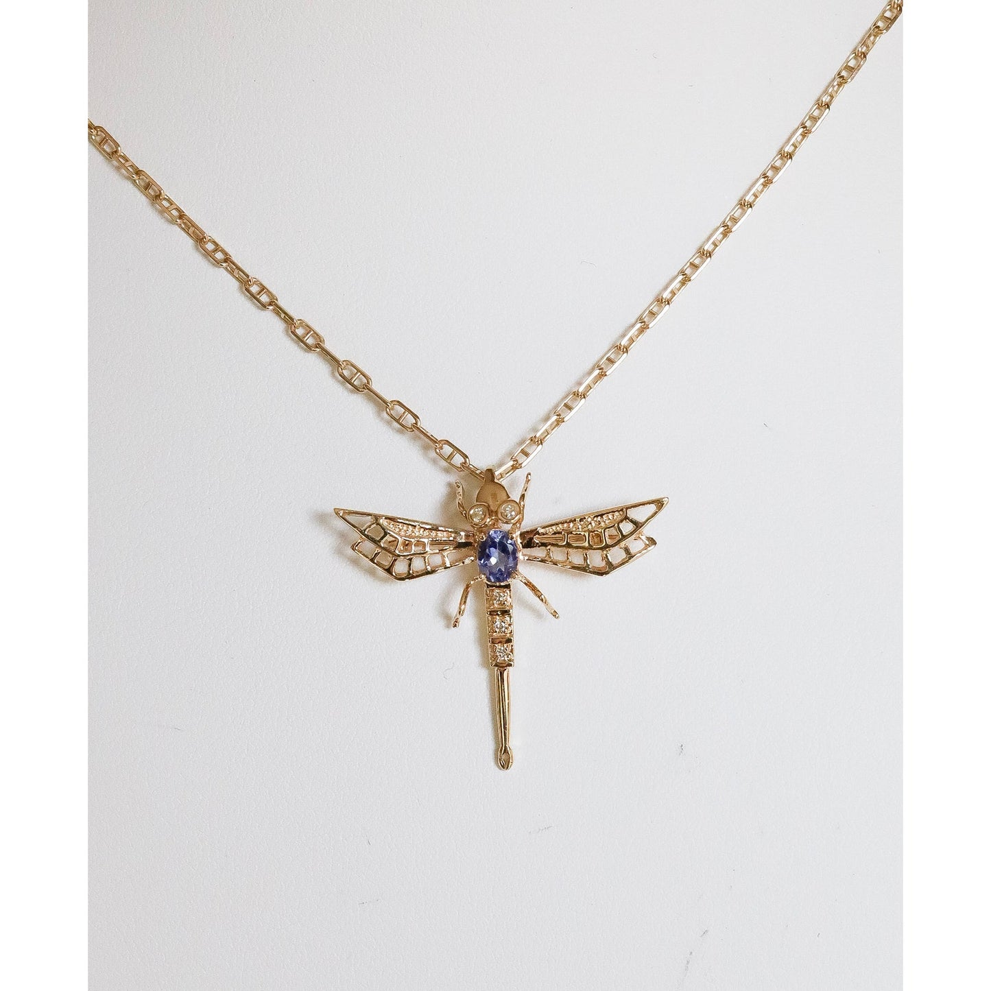 A 14K Yellow Gold Tanzanite and Diamond Dragonfly Brooch Pendant