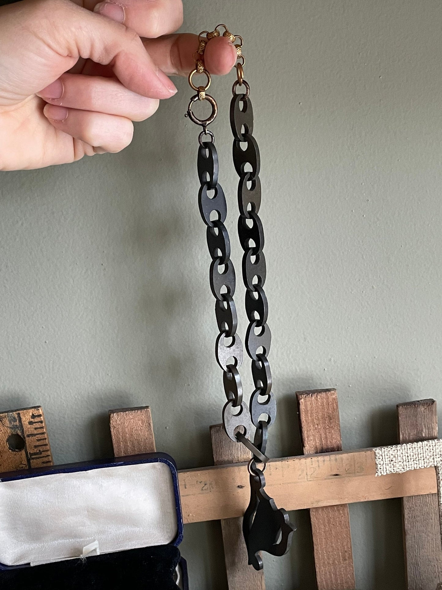 Antique Victorian Vulcanite Large Irish Harp and Chain Choker Necklace