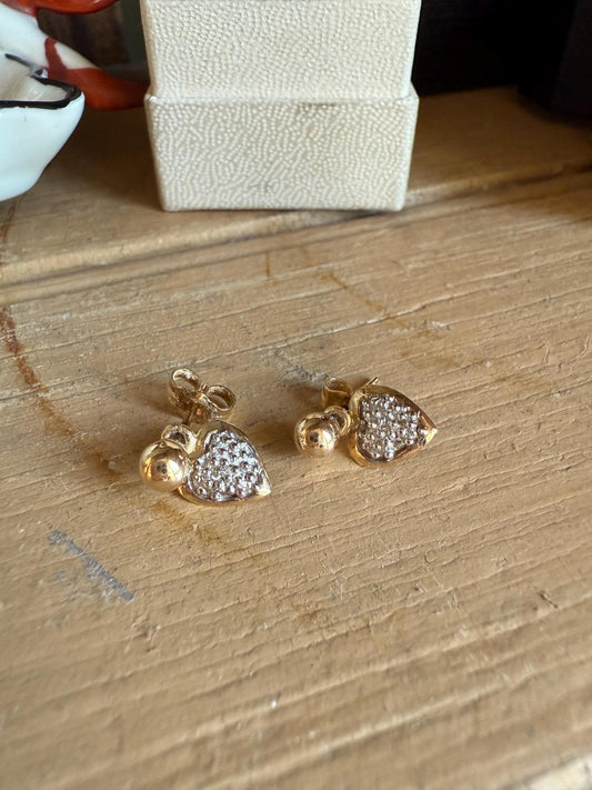 Vintage 14K Yellow and White Gold Stud Earrings with REmovable Diamond Set Heart Dangles