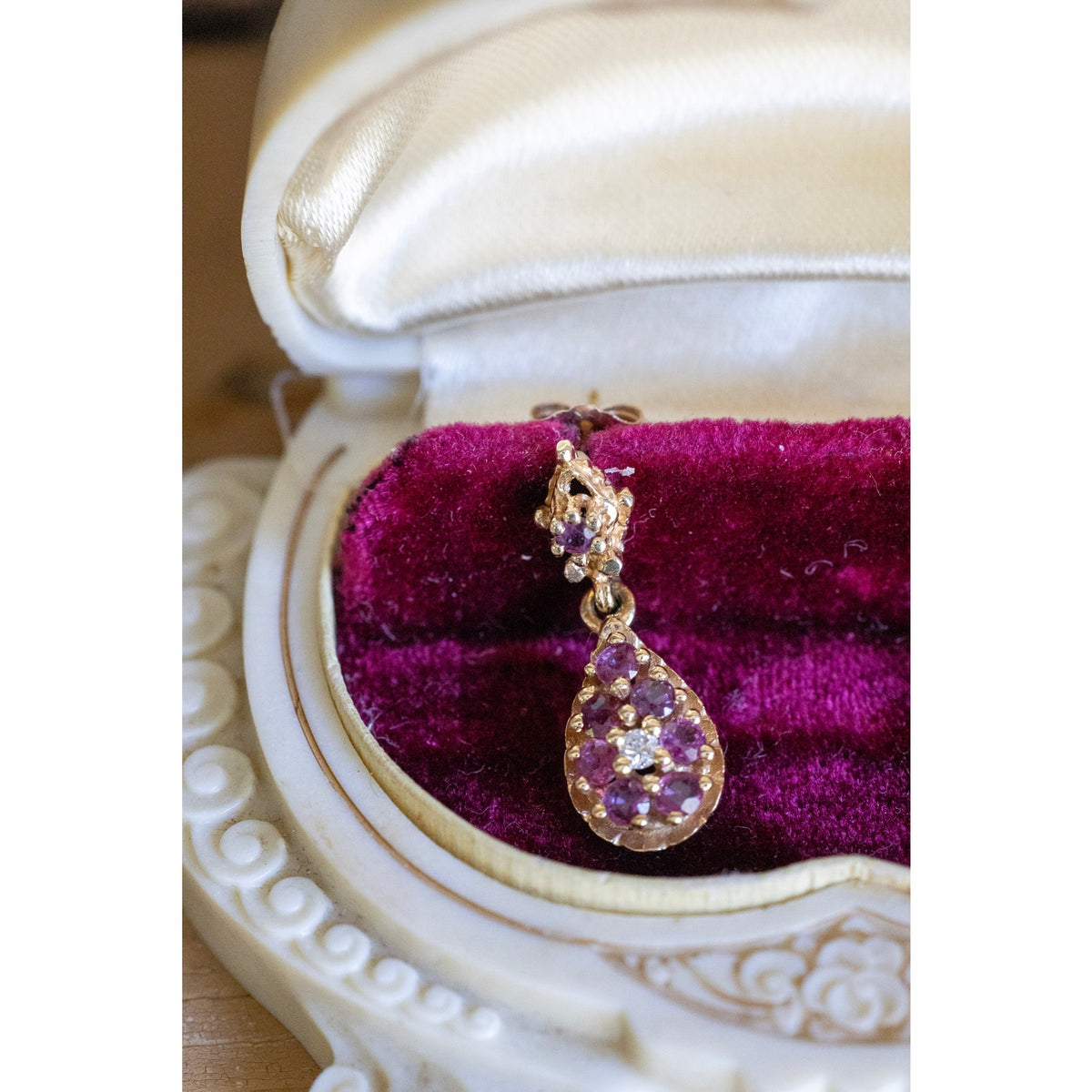 C1980 Vintage 14K Natural Ruby and Diamond Drop Earrings