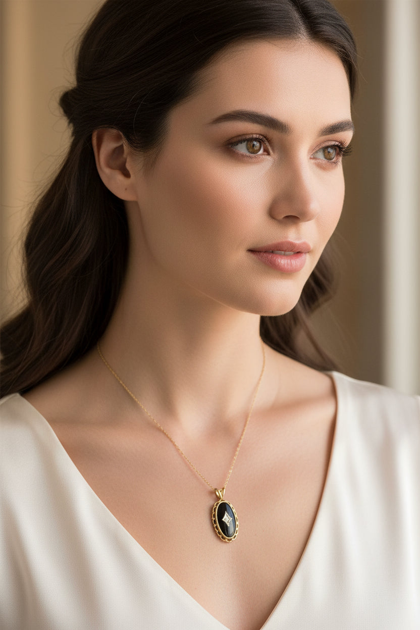 Vintage Late Art Deco 10K Yellow Gold Chain and 10K Yellow Gold Onyx and Diamond Pendant