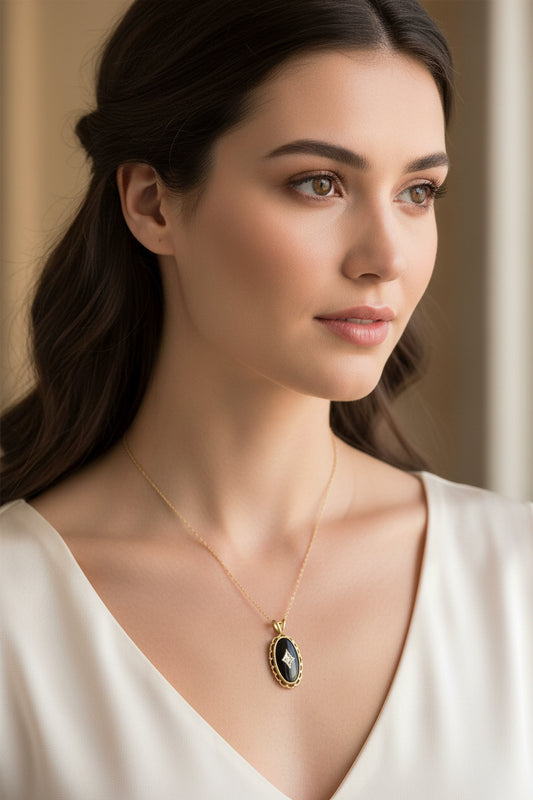 Vintage Late Art Deco 10K Yellow Gold Chain and 10K Yellow Gold Onyx and Diamond Pendant