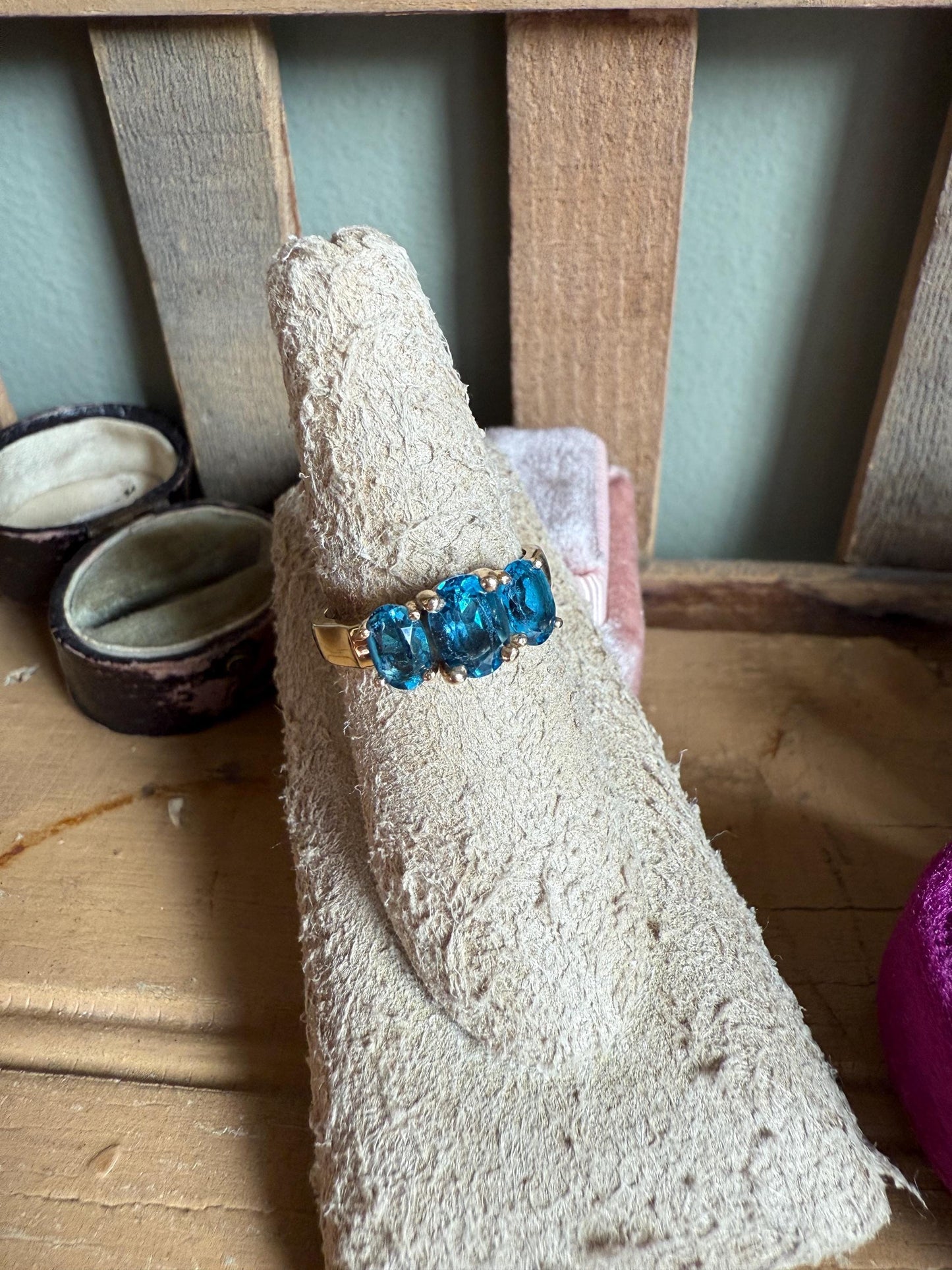 14K Yellow Gold Three Oval Cut London Blue Topaz Ring