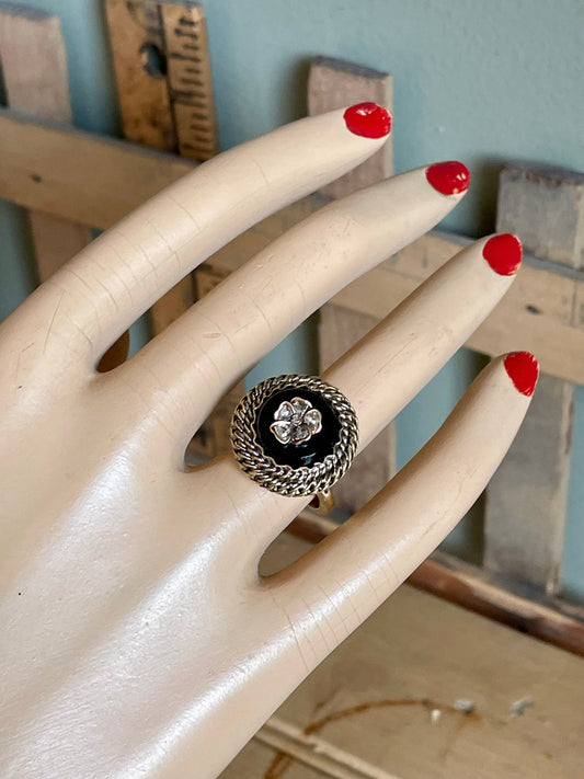 Antique Onyx Rose Cut Diamond Pansy Ring in 14K Yellow Gold