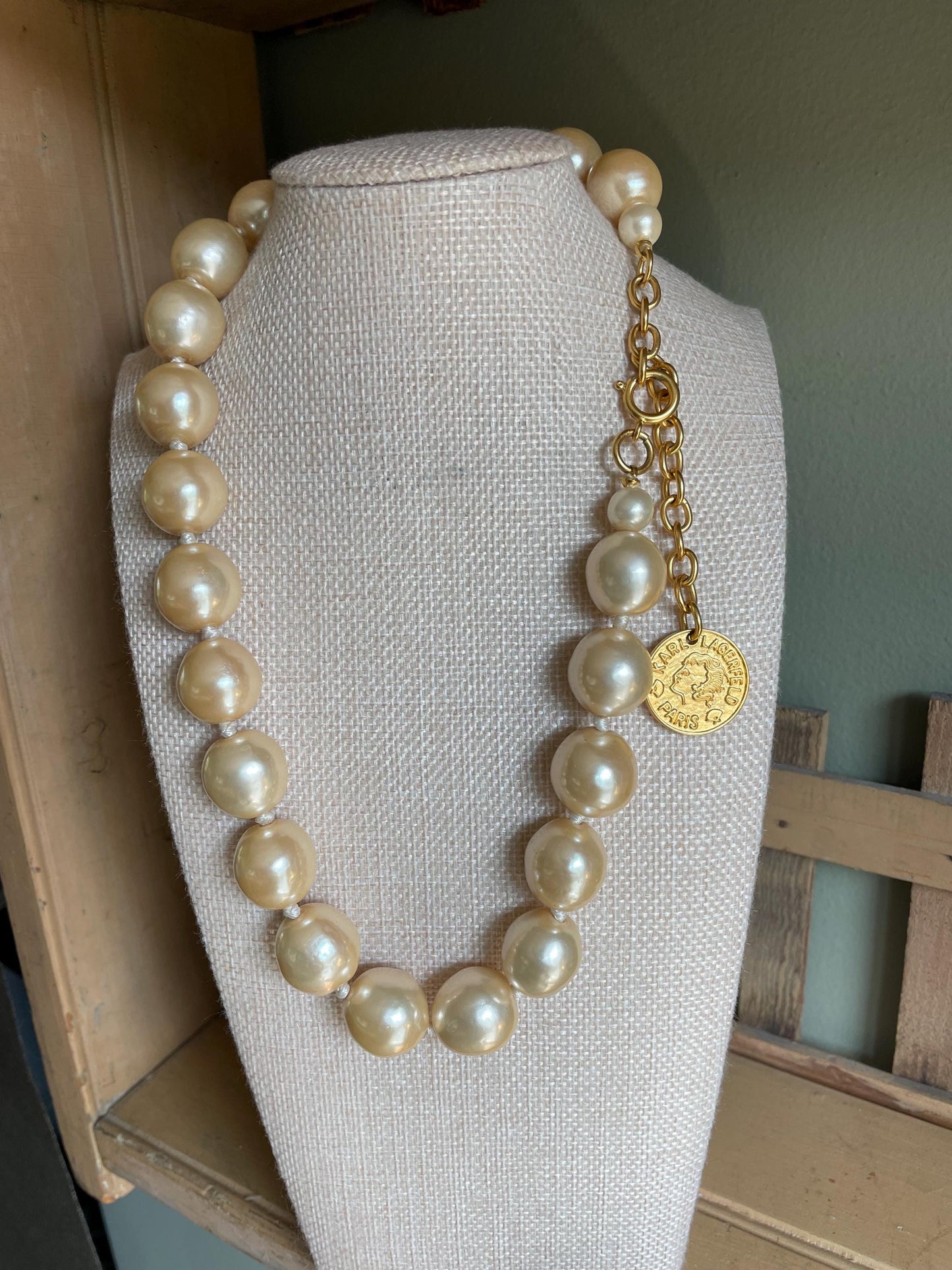 Vintage 1980's Karl Lagerfeld Glass Pearl and Gold Plated Coin Necklace