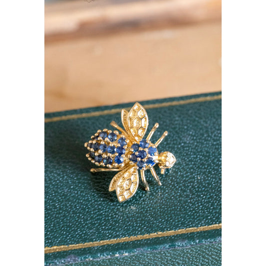 Vintage 14k Yellow Gold Natural Sapphire Bee Brooch