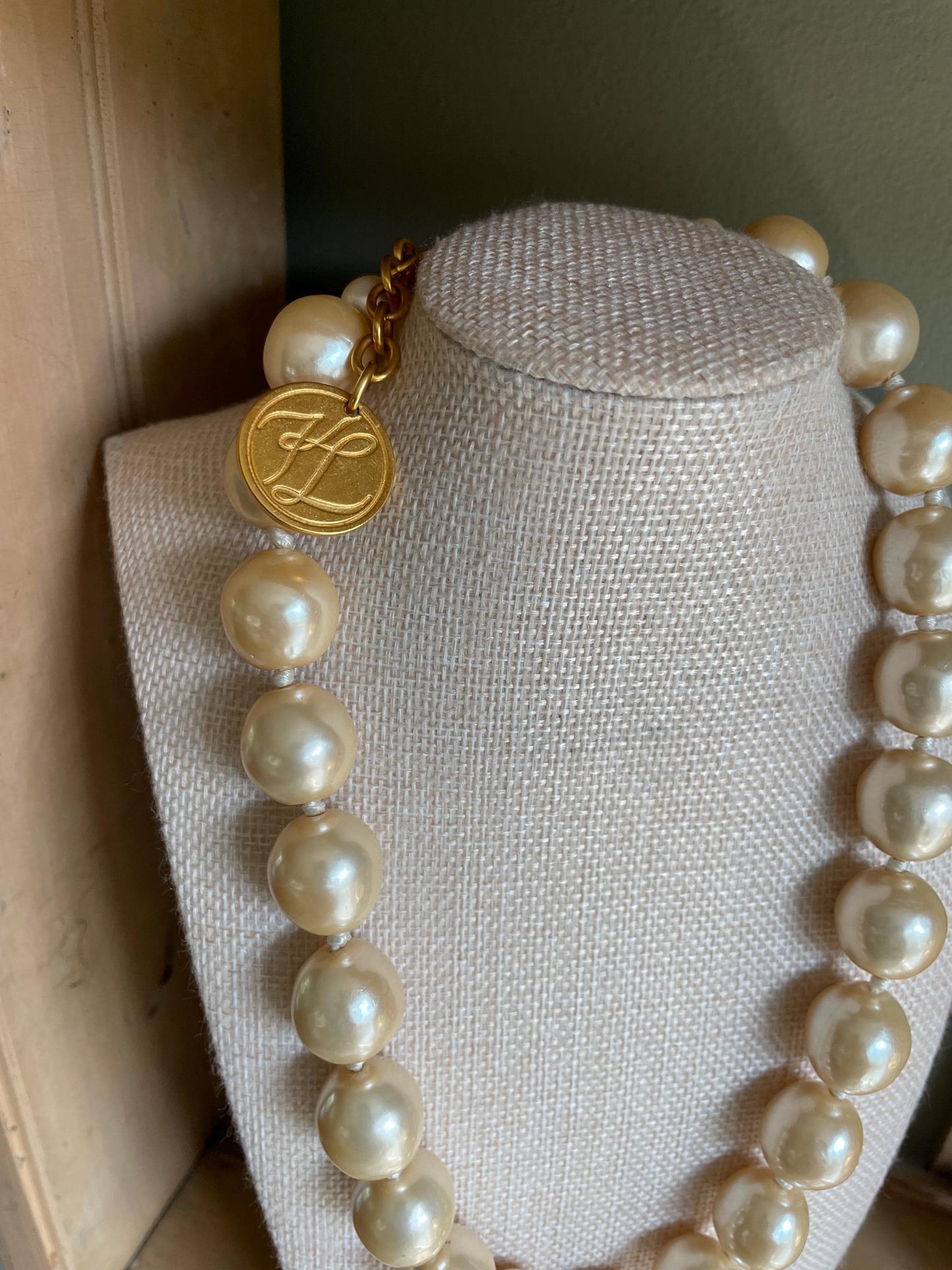 Vintage 1980's Karl Lagerfeld Glass Pearl and Gold Plated Coin Necklace
