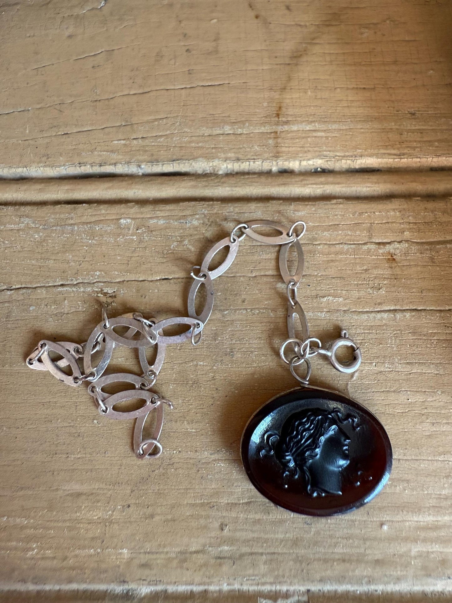 An Antique Glass Tassie Intaglio of a Lady in Profile on a Sterling Silver Bracelet