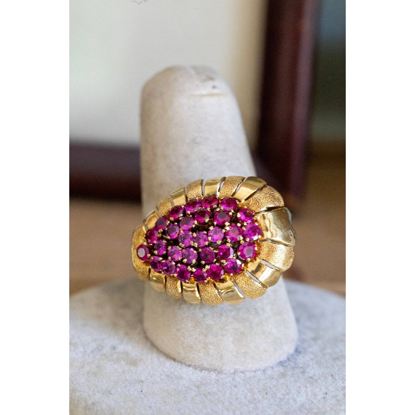 Mid Century 1950's 18K Yellow Gold Ruby Set Cocktail Ring