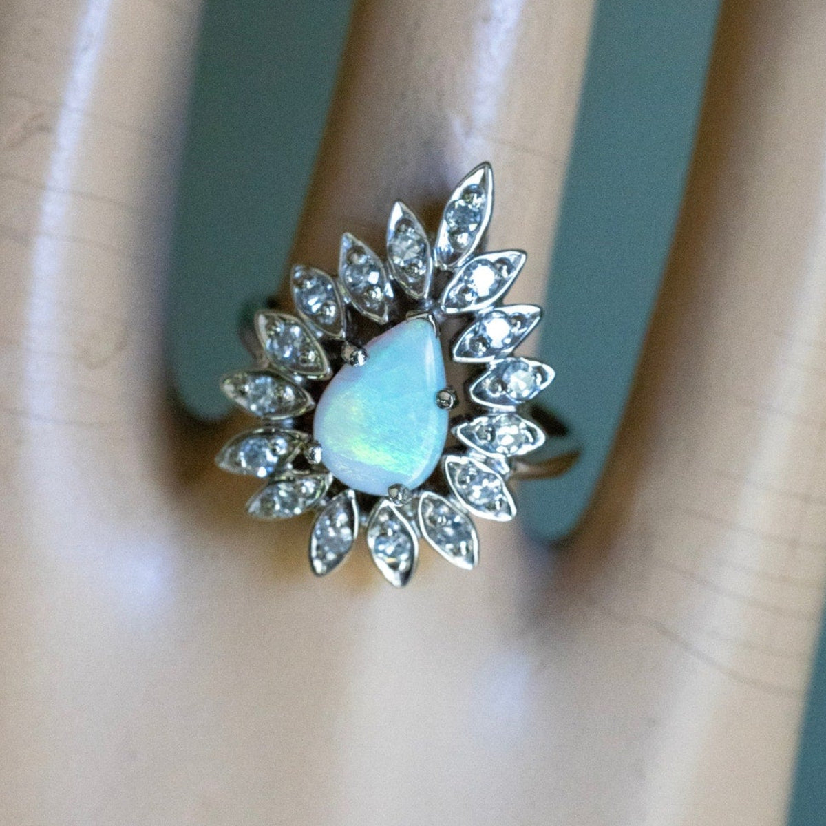 1960'S 14K White Gold Bold Opal and Diamond Cocktail Ring