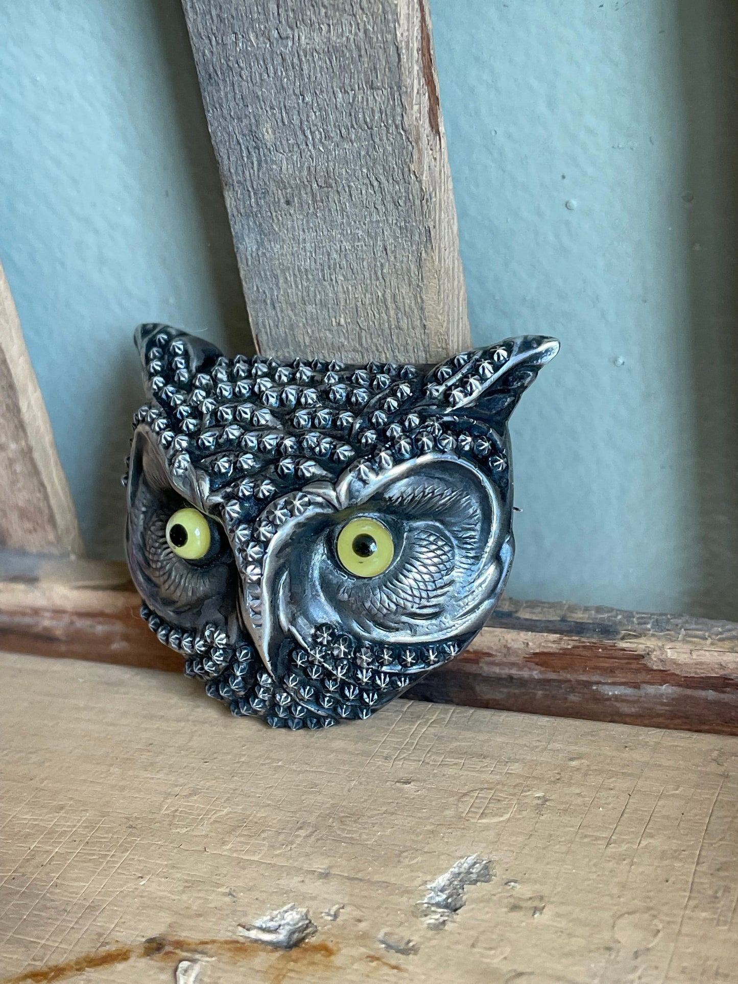 Rare Antique Sterling Silver Large Owl Brooch