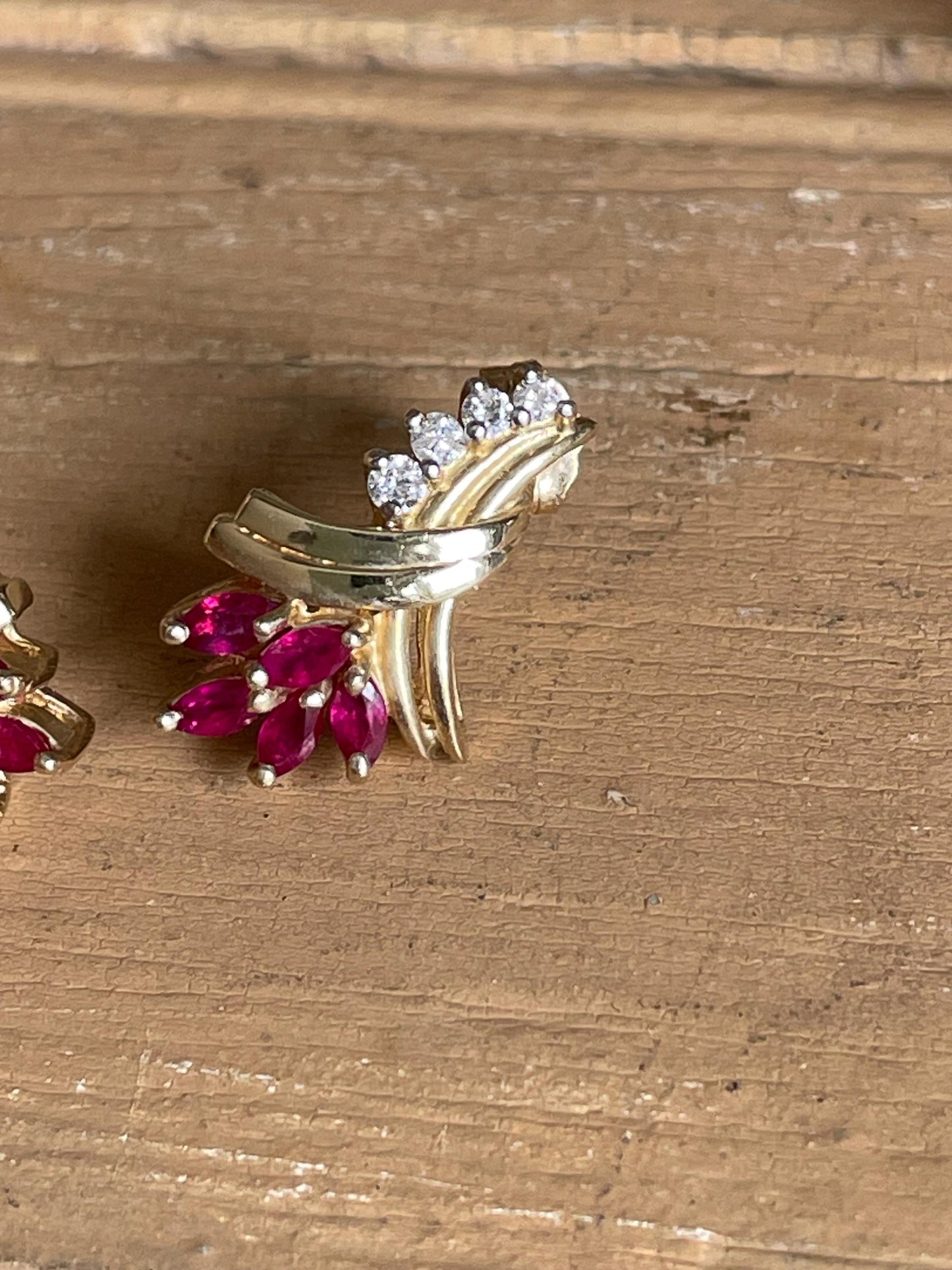 Vintage 14K Yellow Gold Ruby and Diamond Ribbon Motif Earrings