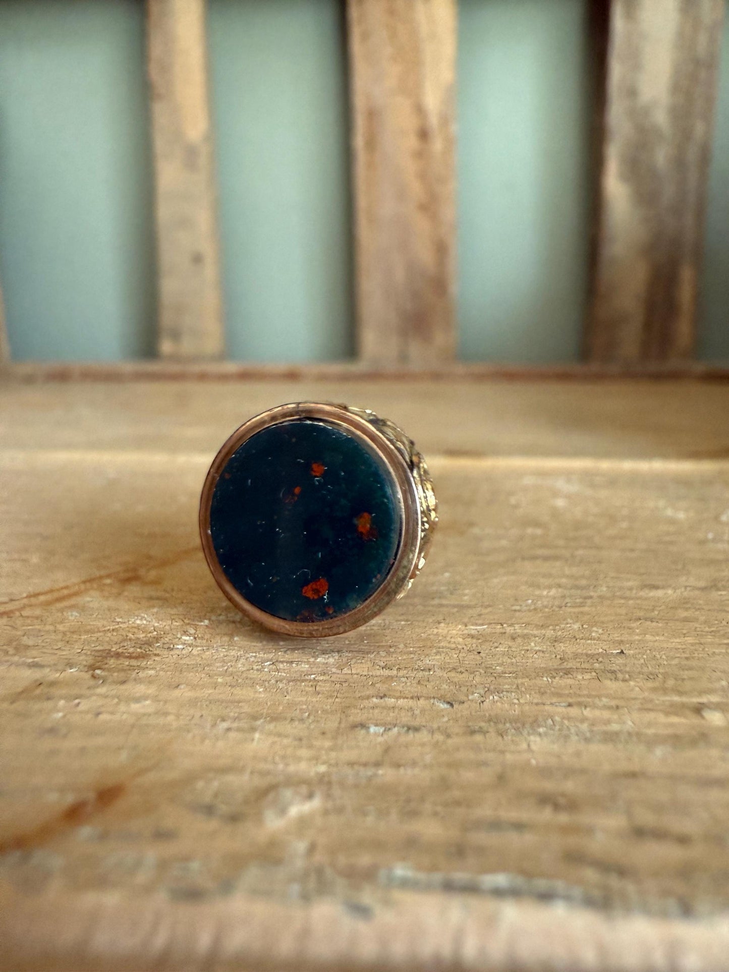 Antique Victorian English 9K Yellow Gold Hand Chased Bloodstone Watch Fob Pendant Charm 1886