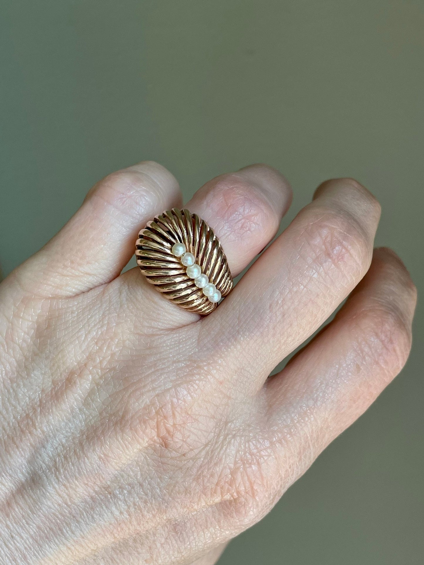 1950’s Retro Bold Wrap Style Pearl Ring in 14K Yellow Gold