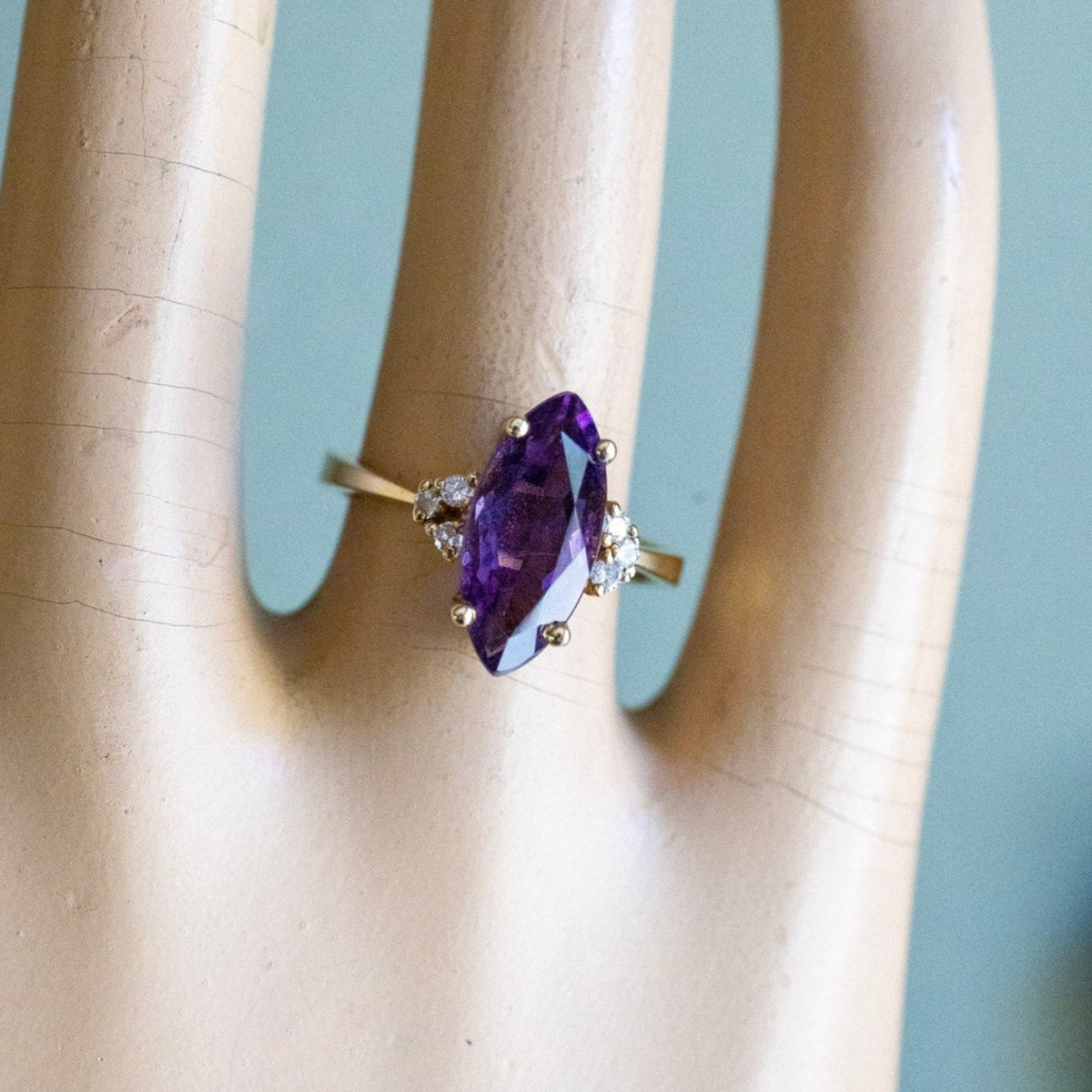 c1980 14K Yellow Gold Ring with Marquis Cut Amethyst and Diamonds