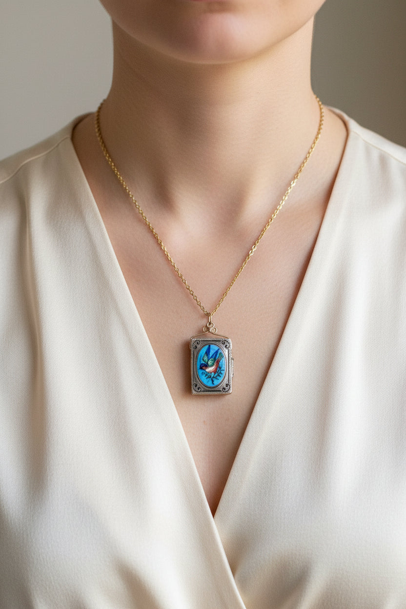 Rare Antique Hand Enameled Bird Book Locket Dating to the Victorian Era