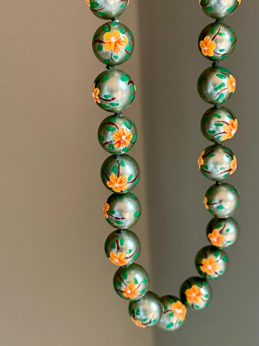 c1950 One of a Kind Hand Painted Pearl Necklace with 10K Yellow Gold Clasp