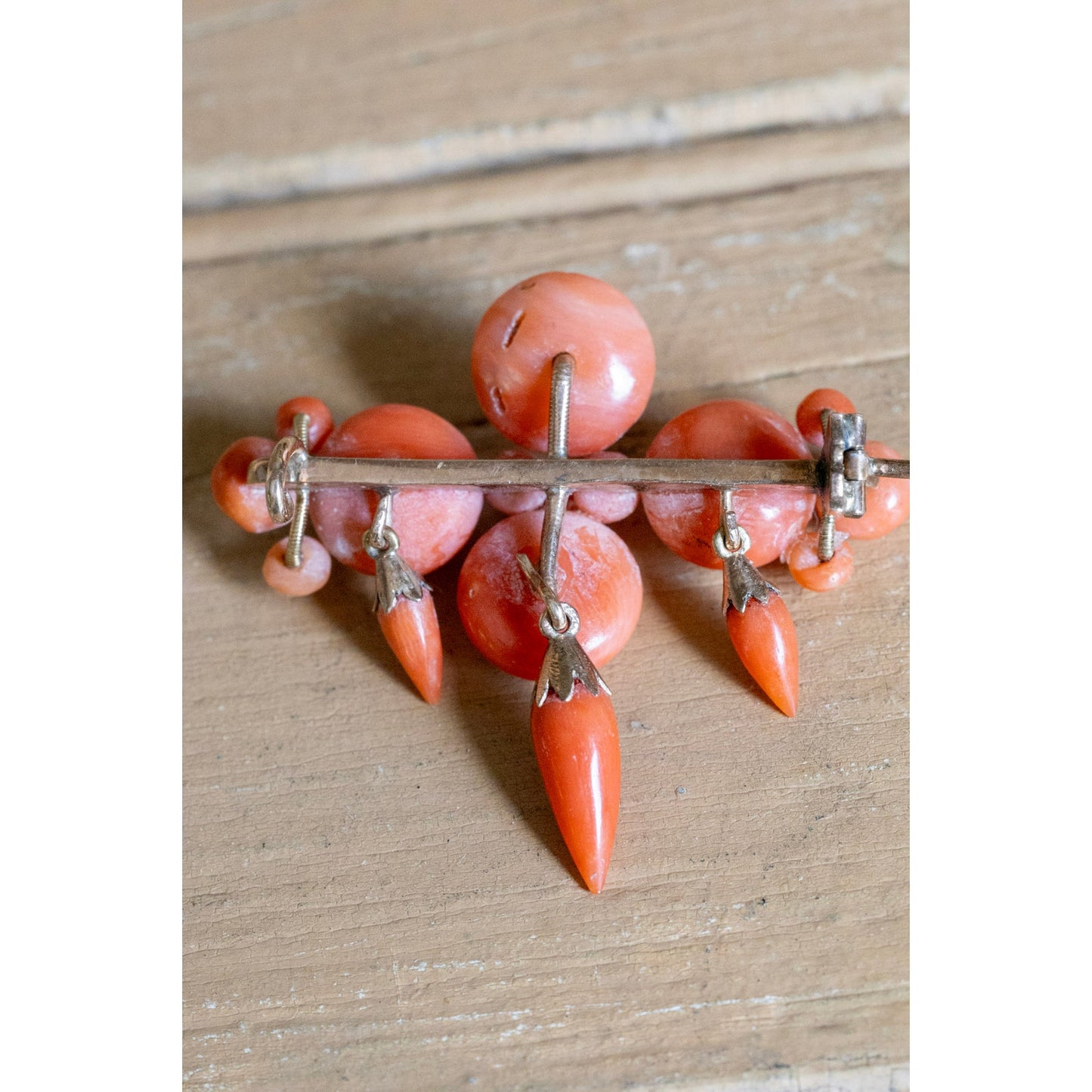 Antique Victorian Natural Untreated Coral Brooch With Hook in 10K Yellow Gold