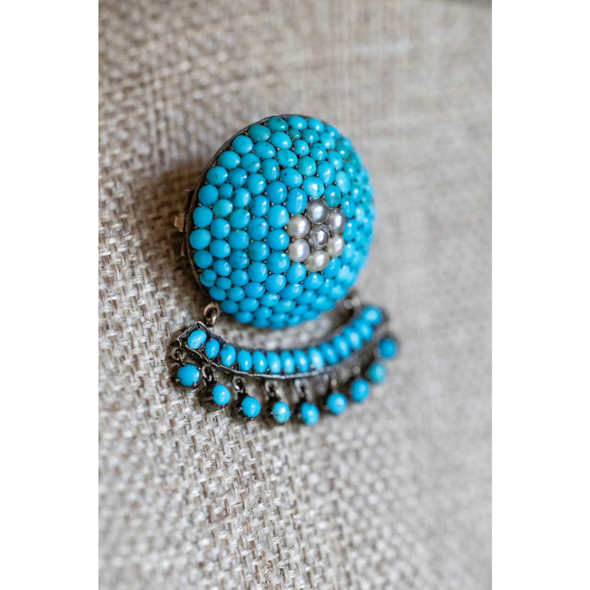 10K Antique Victorian Natural Turquoise and Seed Pearl Dangle Broch