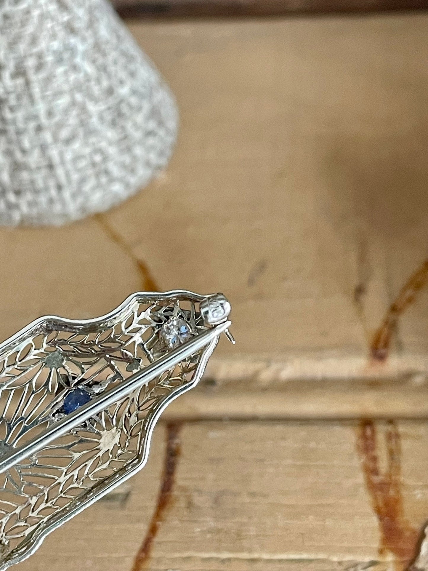 1930-1940 14K White Gold Filigree Diamond and Sapphire Brooch