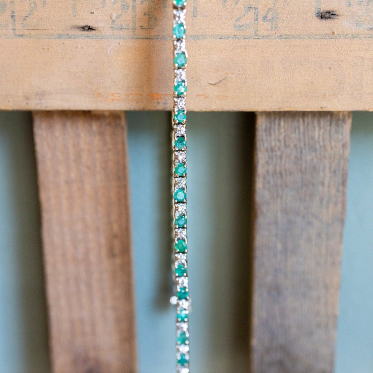 Vintage 14K Yellow Gold Natural Emerald and Diamond Line Bracelet