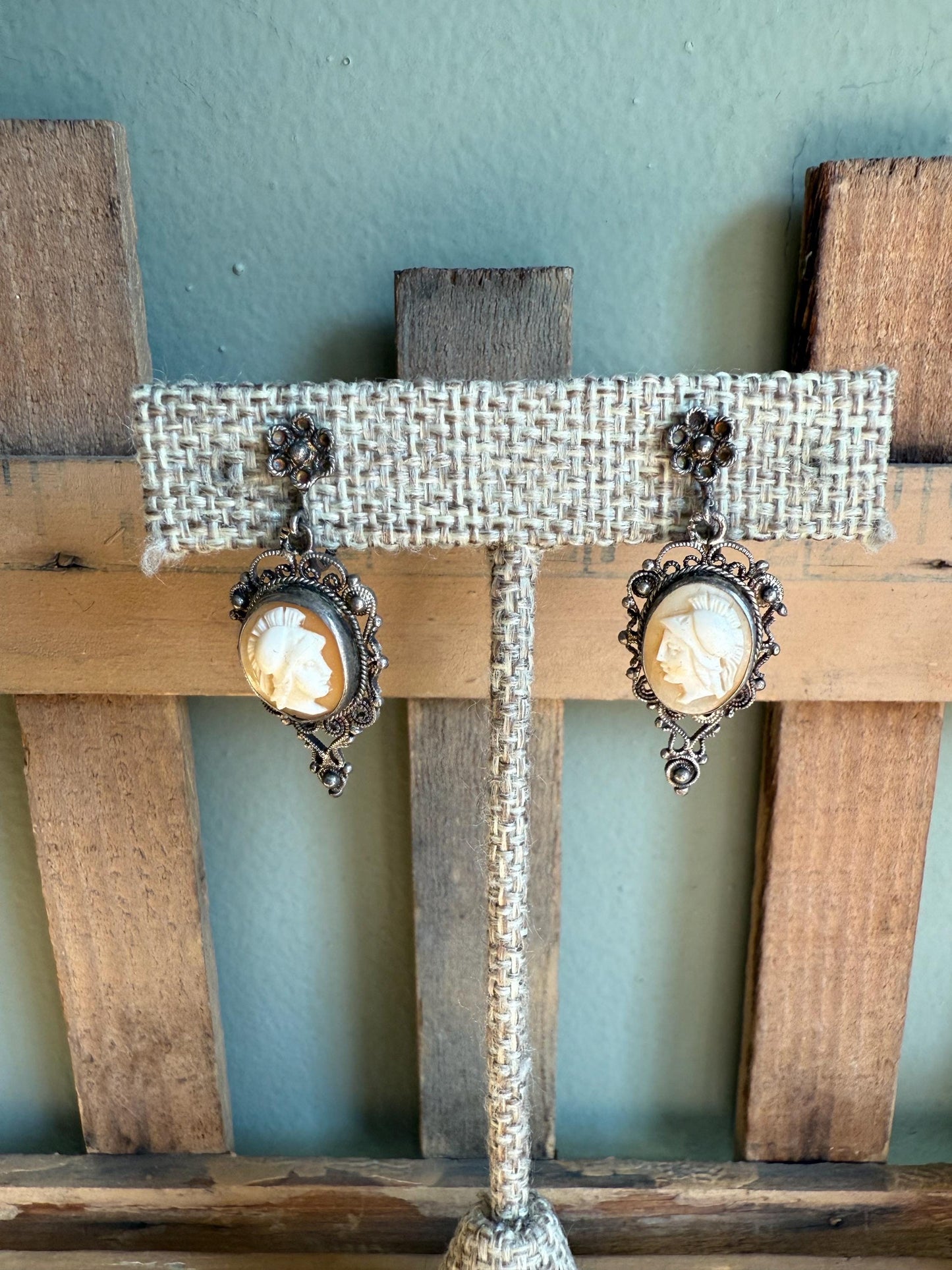 1930-1940 900 Silver Hand Carved Cameo Dangle Earrings