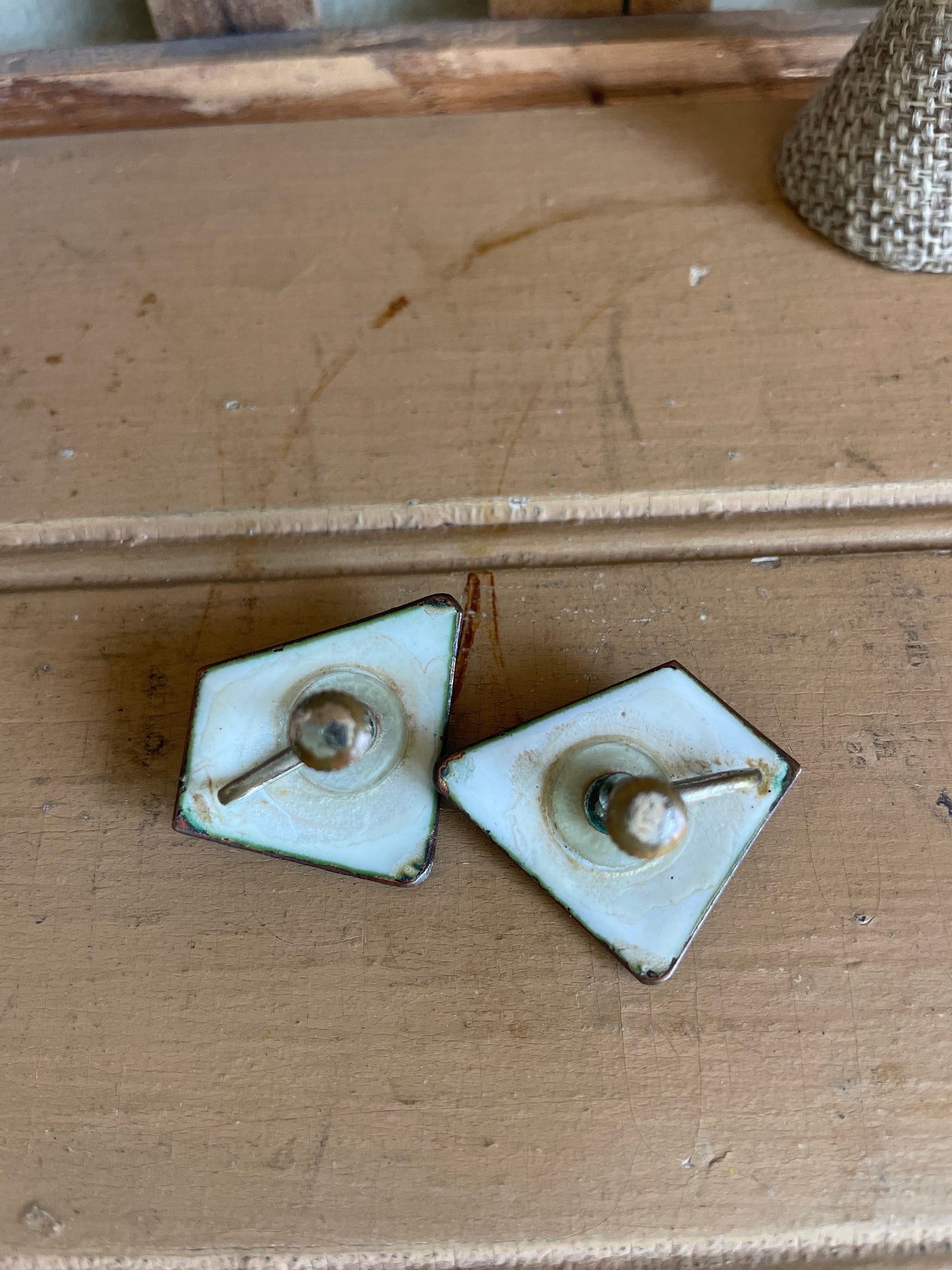 Kay Denning 1960's Brown and White Hand Enameled Earrings