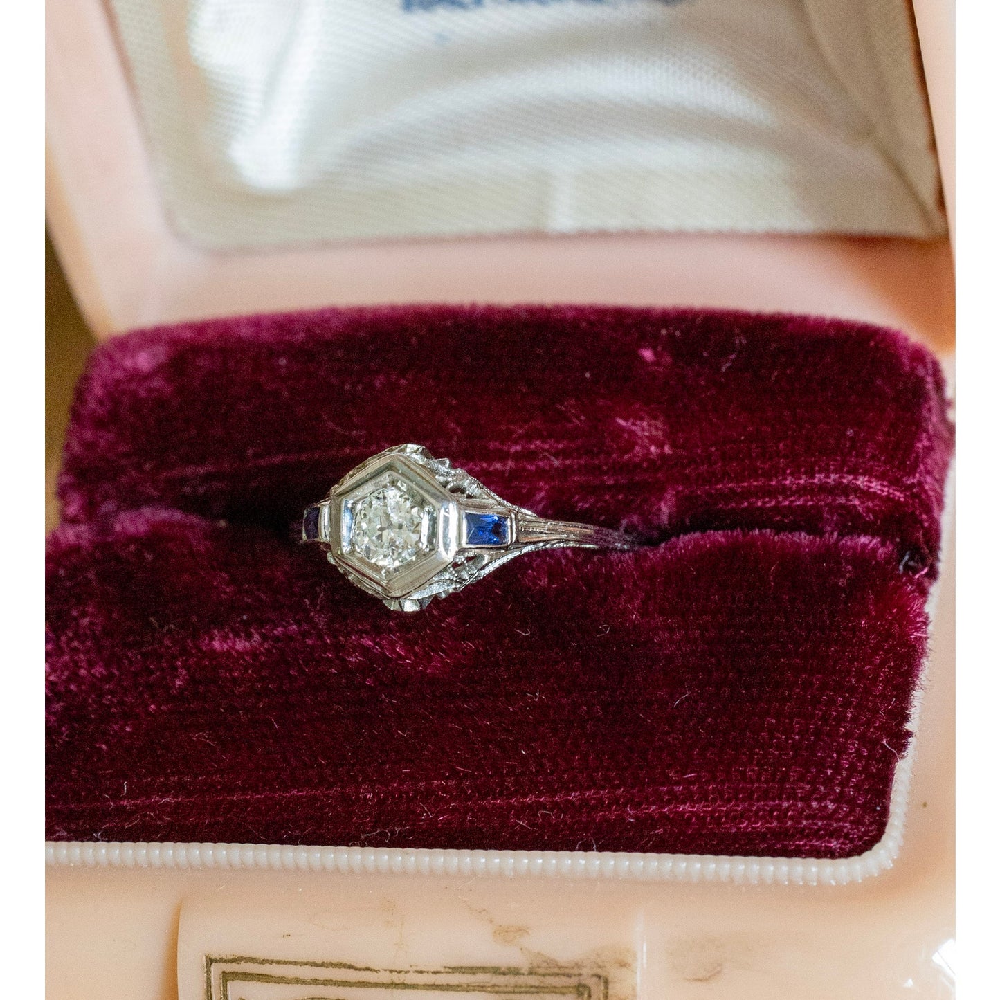 1930-1940's Art Deco 18K White Gold Old European Cut Diamond and Sapphire Filigree Ring