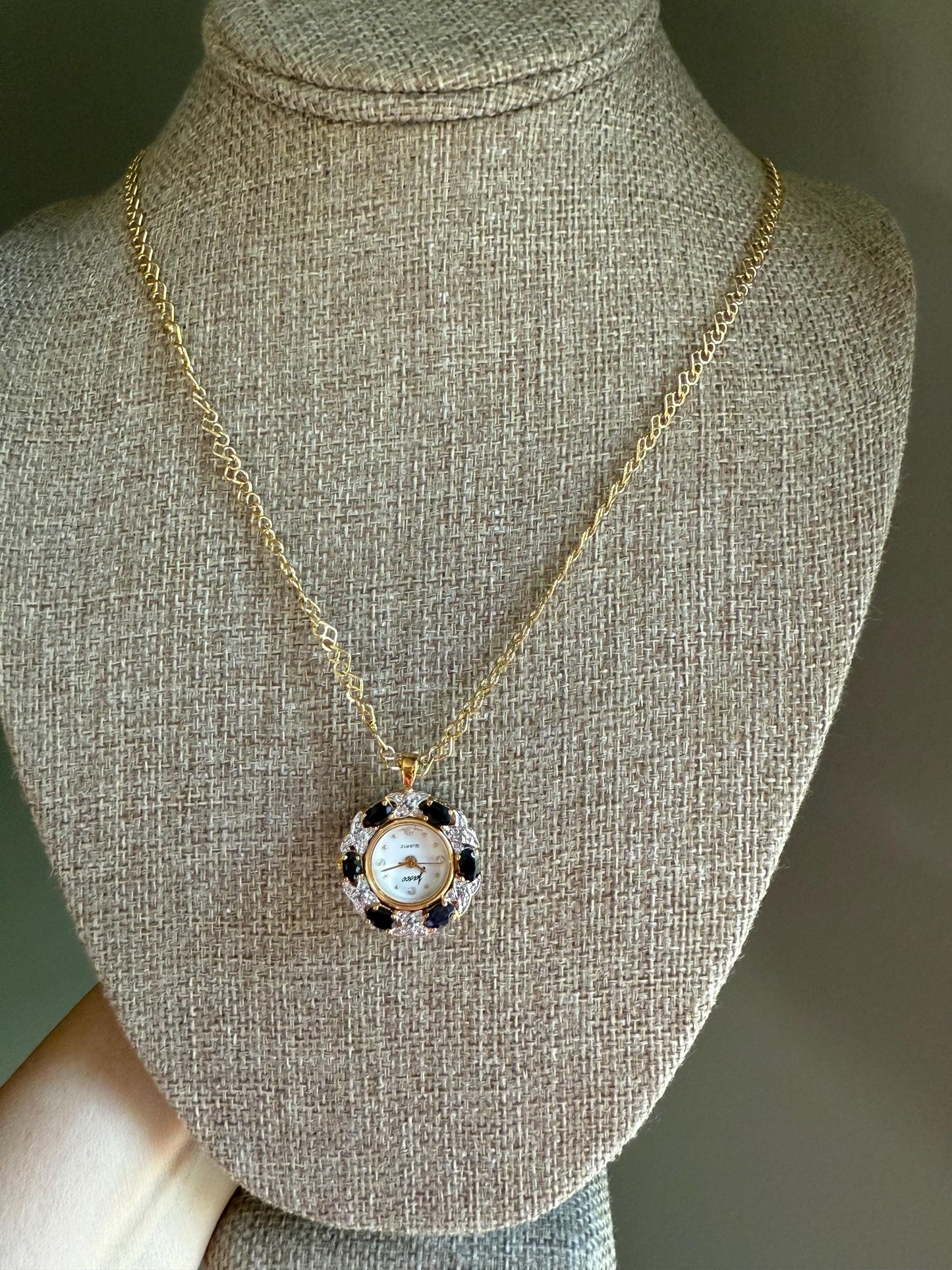 Vintage Sterling with Gold Overlay Jasso Sapphire Working Watch Pendant on Sterling Chain