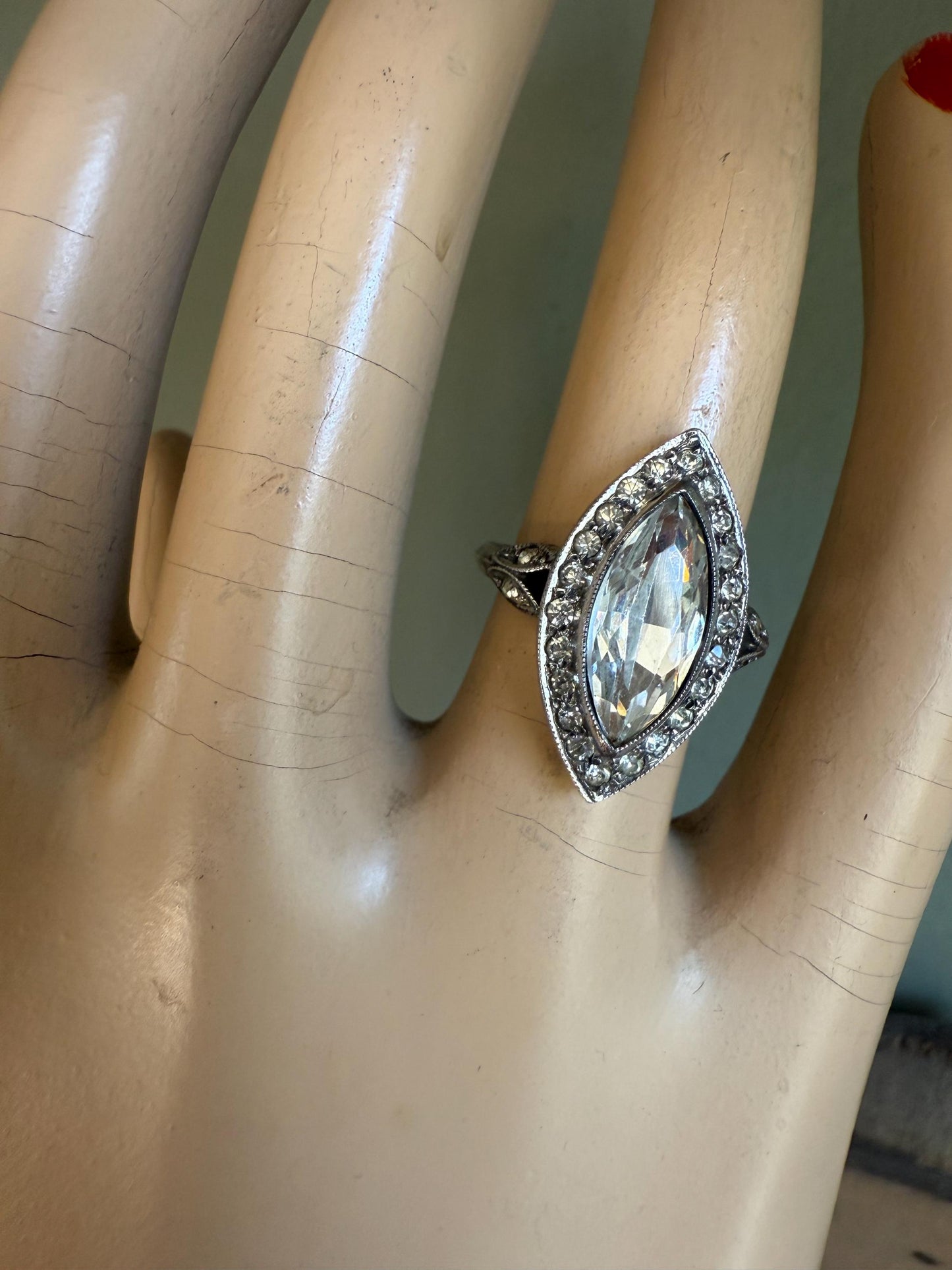 c1930 Vintage Art Deco Sterling Silver Marquis Shaped Crystal Ring