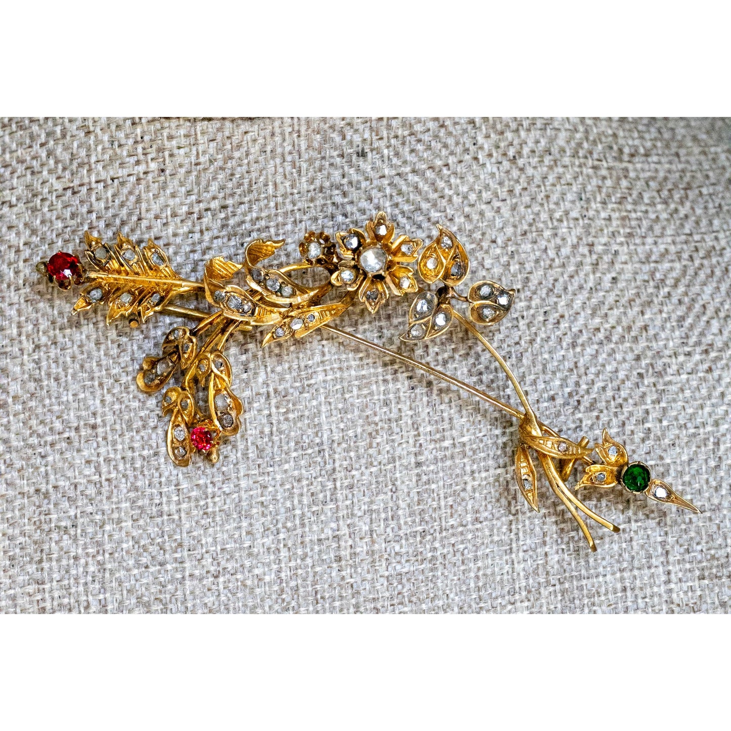 Antique 8-9K Yellow Gold Large Arrow and Floral Diamond Set Brooch