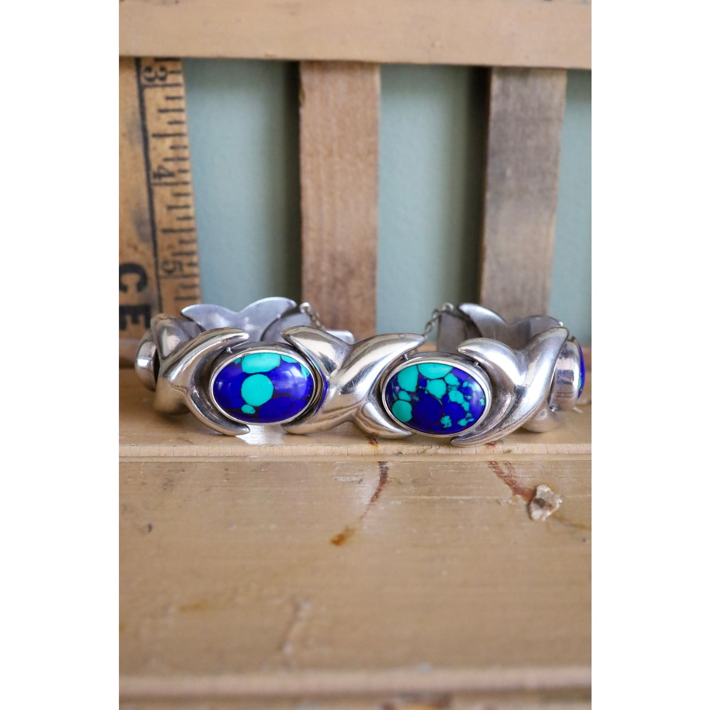 Vintage Sterling Silver Mexican XO Link Bracelet Set with Azurite-Malachite