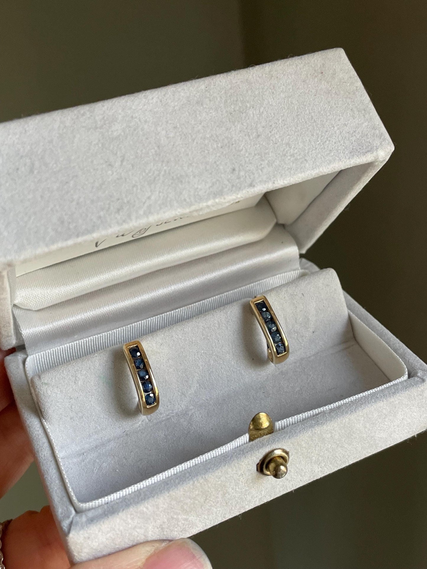 Vintage 14K Yellow Gold Channel Set Round Cut Sapphires in Half Hoops Earrings