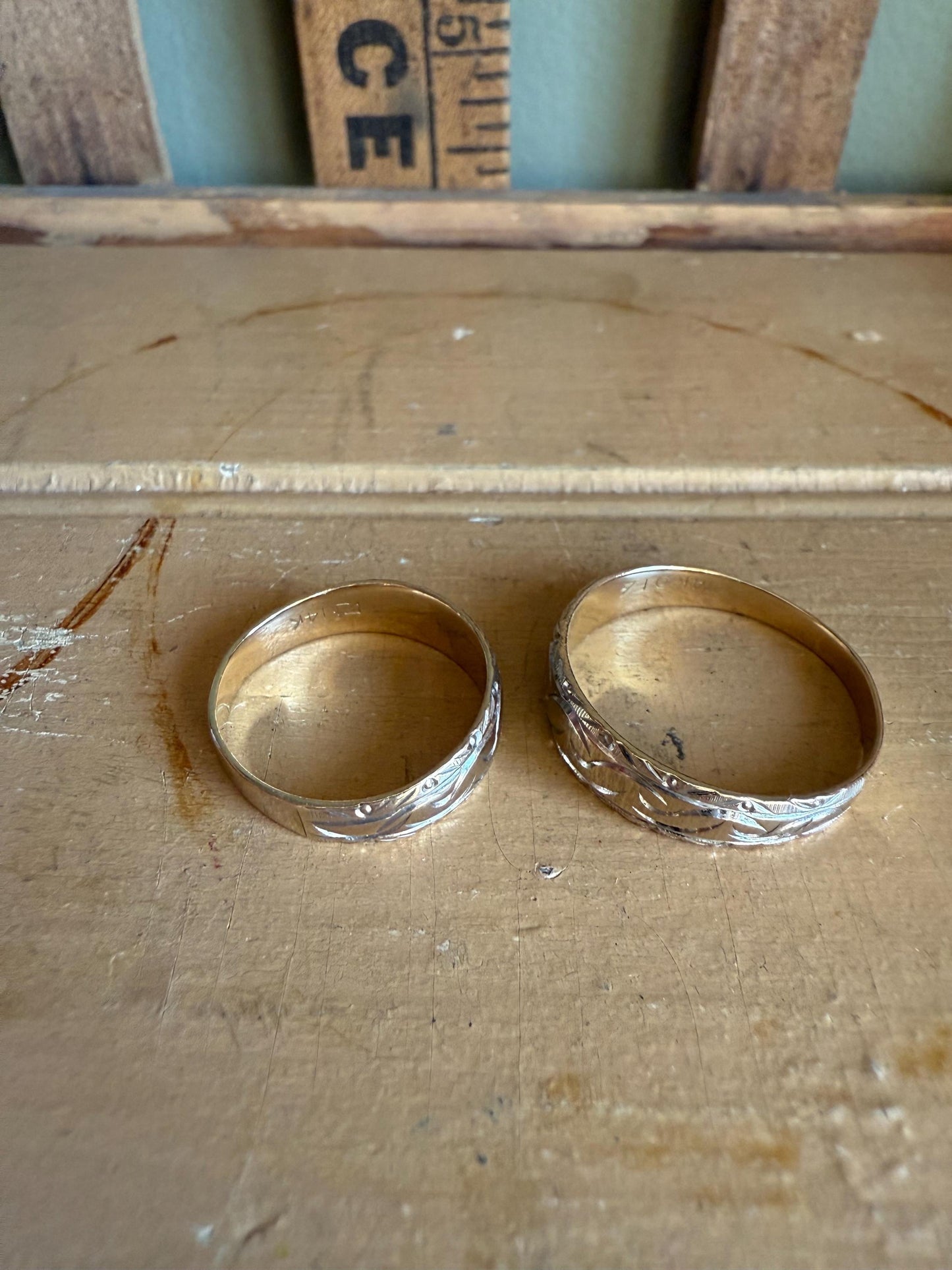 A Rare Matching Mid Century Bi Color 14K Engraved Wedding Bands