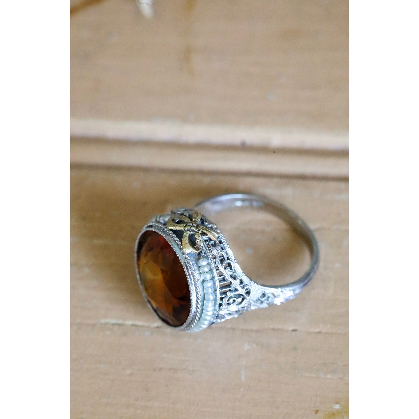 14K White Gold Authentic Art Deco Citrine Ring with Seed Pearl Halo