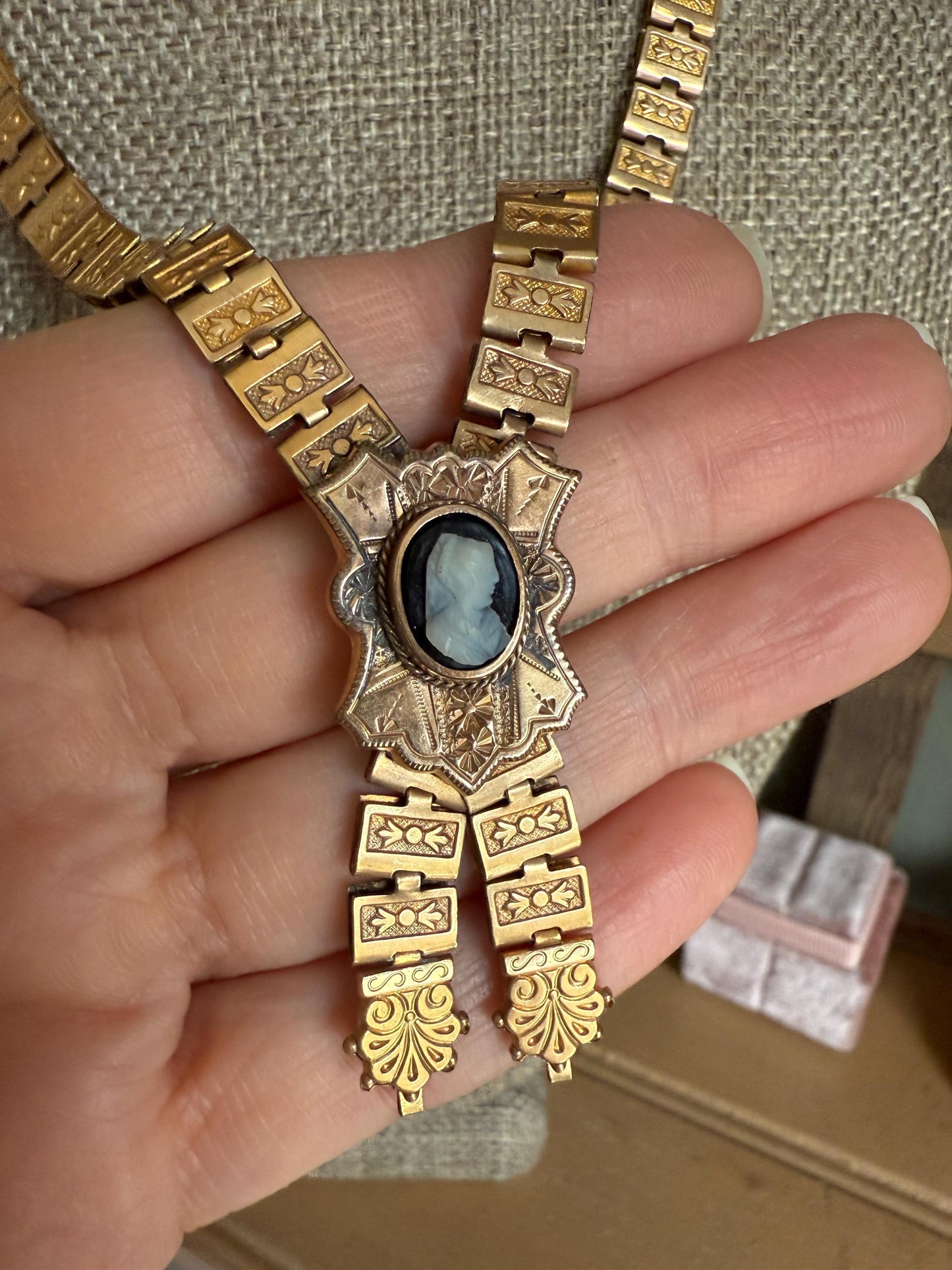 Victorian 1880's Gold Filled Book Chain Cameo Necklace