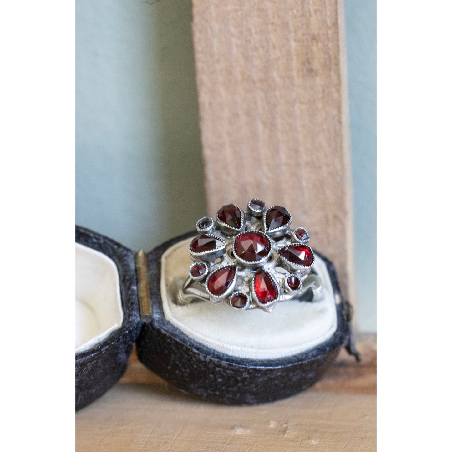 Antique Austro Hungarian Bohemian Cut Garnet Ring in Silver