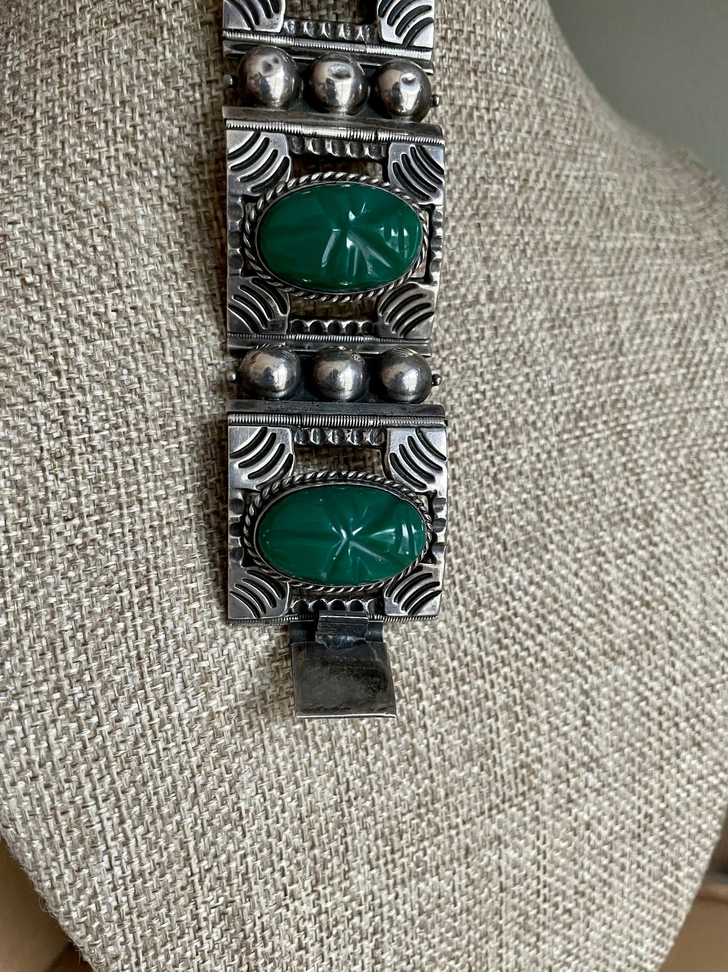 Sterling Silver Mexican Green Onyx Bold Wide Bracelet