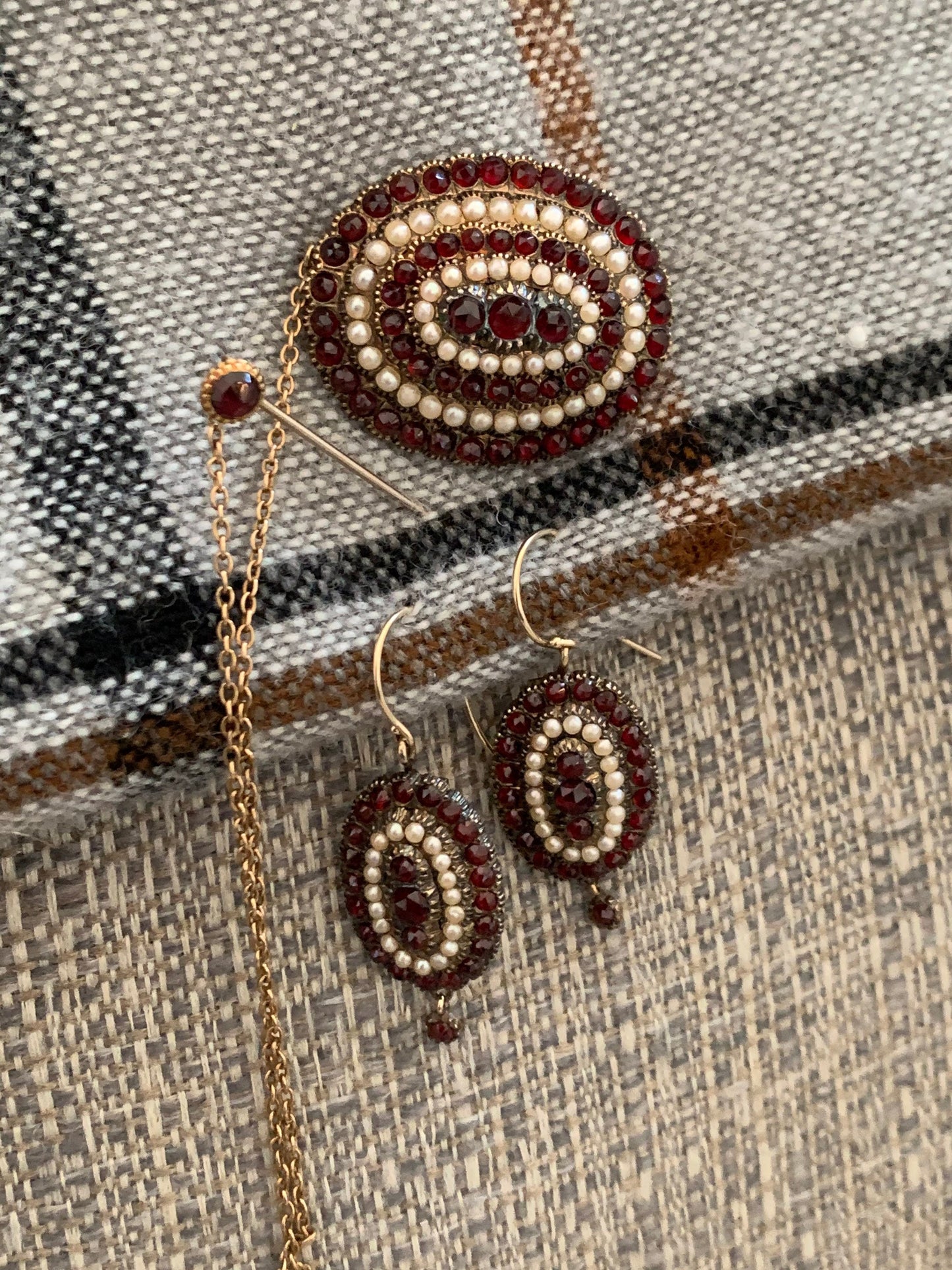 SALE 14K Late Victorian Bohemian Cut Garnet and Pearl Brooch and Matching Earrings